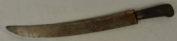 Antique English Large Hunting Knife: Massive Late 18th or very early 19th Century British Hunting or Military Knife. Large scare gilt engraved blade with Royal monogram. Blade mostly clean with some scattered tarnishing areas. Length of 