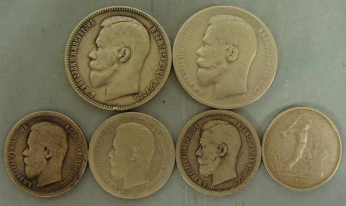 Group of Six Russian Imperial and Soviet Period Co: Group of Six Russian Imperial and Soviet Period Coins. Five coins of Nicholas II period which include two one Ruble Coins (Sterling Silver) and three fifty kopeek coins ( Sterling Silver) and one Sovi