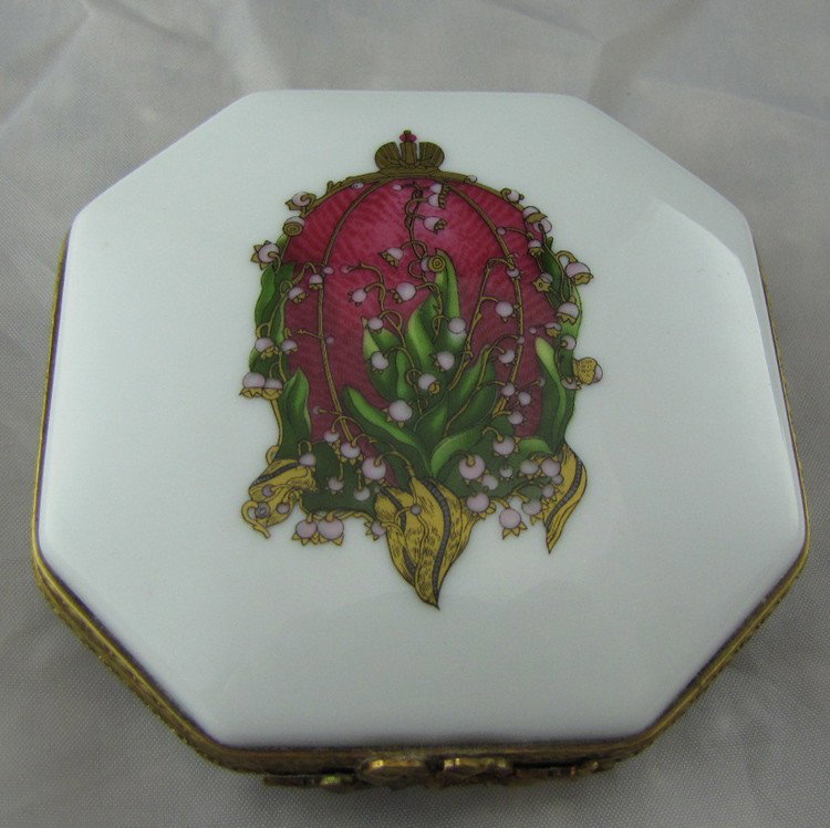 Antique French to Russian Treasure Box: Antique French Treasure box dedicated to Russian Imperial Family. Marked on the back Faberge Limoges France. On inside pictures of Czar Nicholas and his children. Writing says "The Lilies of The Valle