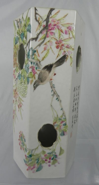 Antique Chinese Family Rose Porcelain Vase: Antique Chinese Family Rose Square Shaped Porcelain Vase. Circa late 19th Century. Nicel birds design. Maker Marked at the bottom. 11 3/8" tall.