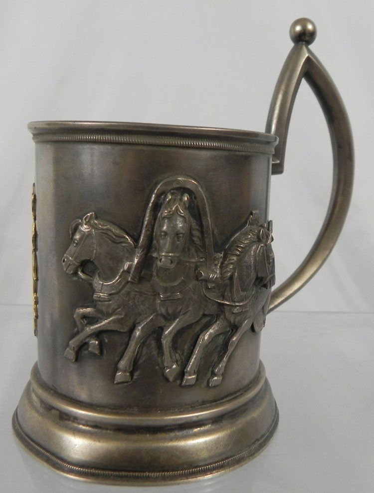 Antique Russian Sterling Tea Cup Holder: Antique Russian Sterling Tea Cup Holder with "Russian Trojka" design. Maker Marked "P B". Height 5.75", weight - 225 grams.