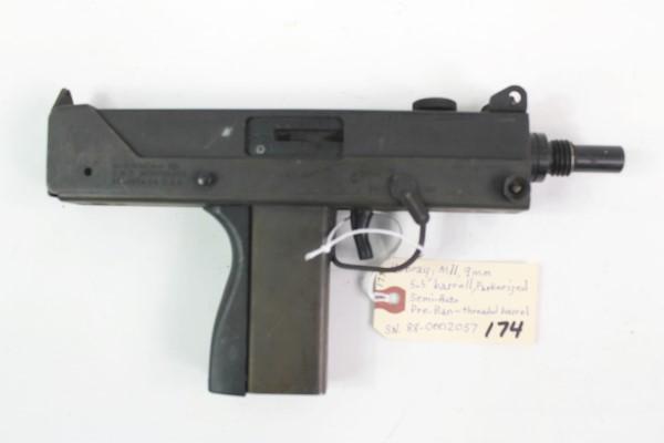 COBRAY 9MM PISTOL: MFR - COBRAY MODEL - M-11 SERIAL - 88-0002057 ACTION - SEMI AUTOMATIC PISTOL CALIBER/GAUGE - 9 MM NO MAGAZINE - 5 1/2" THREADED, PRE-BAN MAGAZINE Manufacturer: COBRAY Model: M-11 Serial #: 88-0002057 