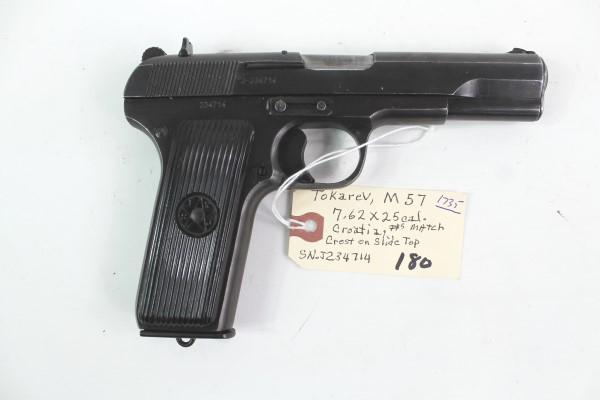 TOKAREV 7.62MM PISTOL: MFR - TOKAREV MODEL - M57 SERIAL - J234714 ACTION - SEMI AUTOMATIC PISTOL CALIBER/GAUGE - 7.62 MM CREST ON SLIDE TOP - CROATIA - ALL MATCHING NUMBERS Manufacturer: TOKAREV Model: M57 Serial #: J234714