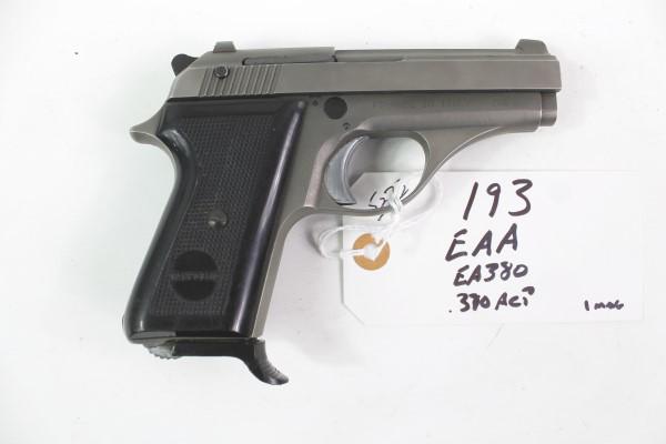 EAA .380 PISTOL: MFR - EAA MODEL - EA380 SERIAL - AE98061 ACTION - SEMI AUTOMATIC PISTOL CALIBER/GAUGE - .380 ACP 1 MAGAZINE Manufacturer: EAA Model: EA380 Serial #: AE98061 Action: SEMI AUTOMATIC PISTOL Caliber/G
