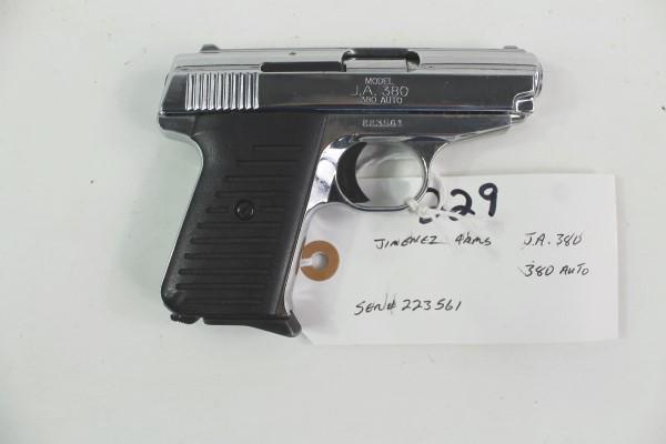 JIMINEZ .380 AUTO PISTOL: MFR - JIMINEZ MODEL - JA380 SERIAL - 223561 ACTION - SEMI AUTOMATIC PISTOL CALIBER/GAUGE - .380 AUTO 1 MAGAZINE Manufacturer: JIMINEZ Model: JA380 Serial #: 223561 Action: SEMI AUTOMATIC PISTOL Ca