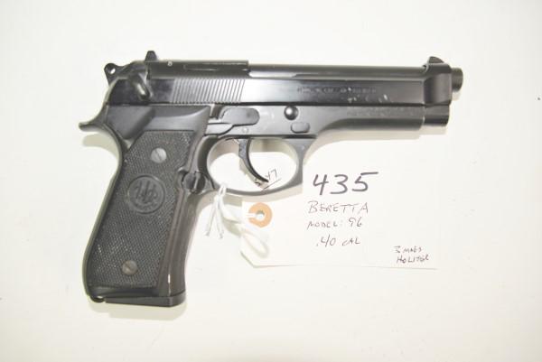 BERETTA .40 CAL PISTOL: MFR - BERETTA MODEL - 96 SERIAL - BER150049 ACTION - SEMI AUTOMATIC PISTOL CALIBER/GAUGE - .40 CAL 3 MAGAZINES AND CAMO HOLSTER Manufacturer: BERETTA Model: 96 Serial #: BER150049 Action: SEMI AUTOMAT
