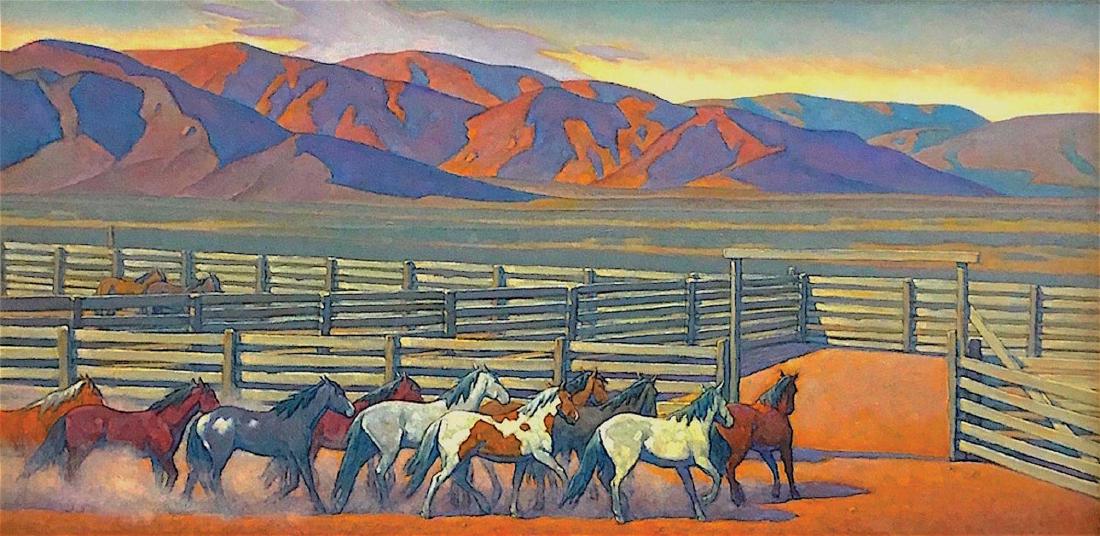 Bringing Home the Remuda: Painting by Howard Post, oil, 24 x 48 inches