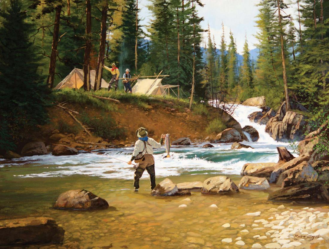 Falls Camp: Painting by Brett James Smith, oil, 26 x 34 inches