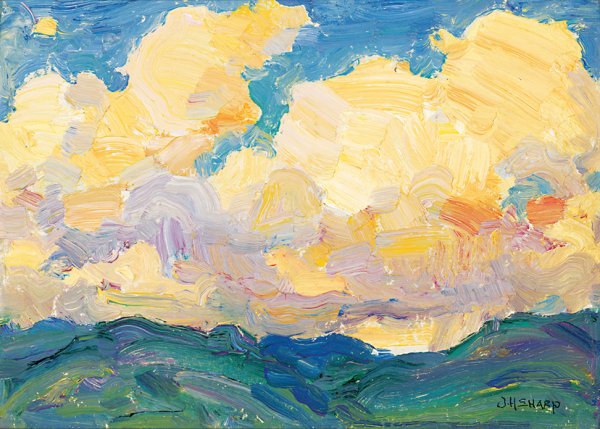 Joseph Henry Sharp: Name: Joseph Henry Sharp Deceased Dates: 1859 - 1953 Title: Montana Clouds Date Of Art: ca. 1898 - 1902 Medium: oil on board First Dimension: 6" Second Dimension: 8" Signe