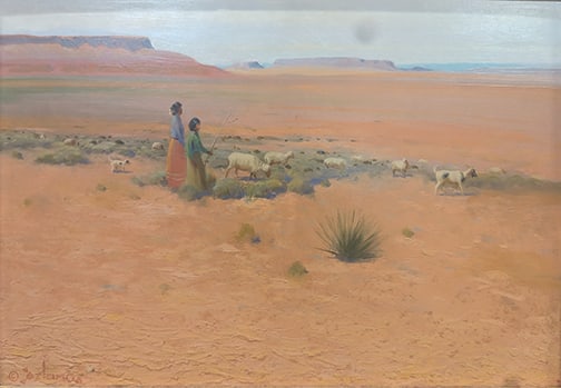 Gerard Curtis Delano (1890-1972) - "Tending the Sheep": oil Signature: lower left Go to https://cmrussell.org/2024-Catalogue for more information on this lot. Buyer's Premium is up to 22%. Click on View Auction Policy for Details