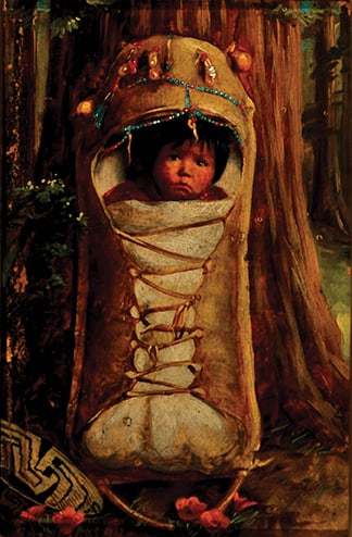 Alice Grey Hobbs Bolton Coutts (1879-1973) - "Baby in a Papoose with Basket": oil, c. 1915 Signature: Alice Coutts' (lower left) Click on View Auction Policy for Buyer's Premium Details