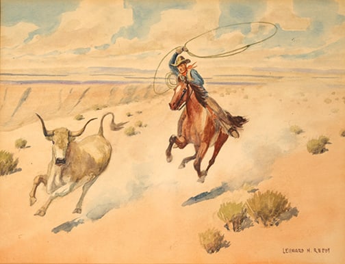 Leonard Howard Reedy (1899-1956) - "Roping Cowboy Chasing down a Longhorn": watercolor, c. 1940s Signature: lower right Click on View Auction Policy for Buyer's Premium Details
