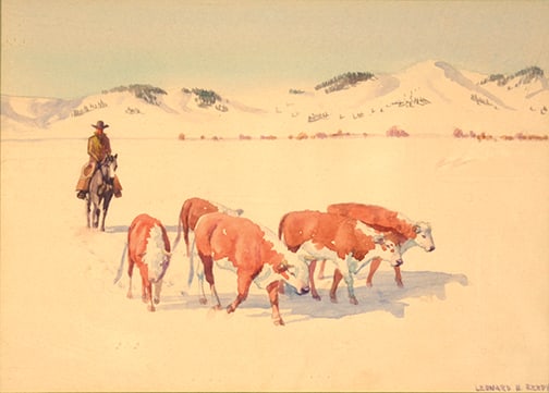 Leonard Howard Reedy (1899-1956) - "Cowboy and Cattle in Winter" (1 of 1)