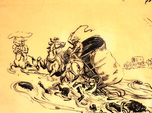 Western School (American, 20th Century) - "Covered Wagon Struggling to Cross a Stream" (1 of 1)