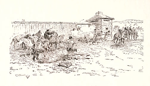 After Charles M. Russell (1864-1926) - "Attempted Massacre of Blackfeet Indians at Fort McKenzie": printed reproduction Click on View Auction Policy for Buyer's Premium Details