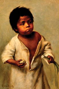 Grace Carpenter Hudson (1865-1937) - "Boy with Leek": 1894, oil on board gilt over red clay bole carved frame with linen liner SIGNATURE:G. Hudson '94' (lower left) PROVENANCE:The Sam and Elaine Rosenthal Collection, California; Sotheby Parke Bernet, Los