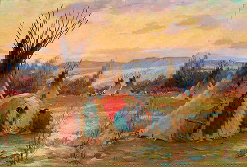 Joseph Henry Sharp (1859-1953) - "Crow Encampment, Spring Morning New Custer Mountain": oil on on canvas in a gilt over red clay bole carved frame EXHIBITED:American Paintings in Southern California Collections, Los Angeles County Museum of Art, 1996 PROVENANCE:The Sam and Elaine Rosenth