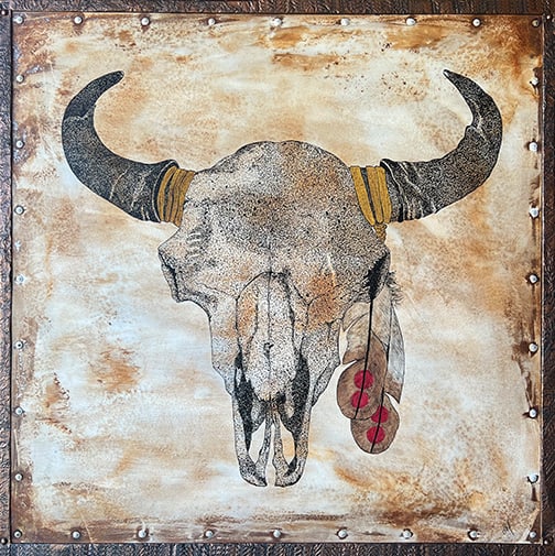 Dan Abernathy - "Buffalo Skull # 4": acrylic on metal Click on Auction Details for buyer's premium info and other terms and conditions.