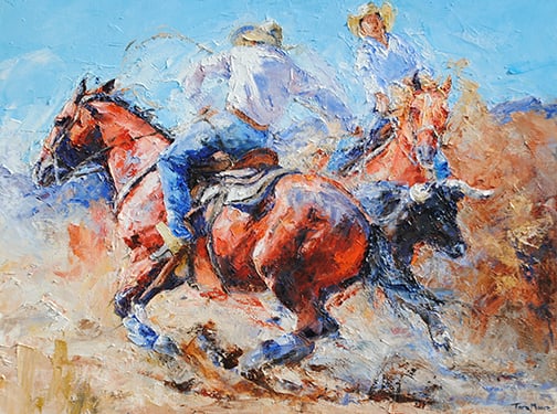 Tara Moore - "Steer on the Loose": oil on canvas Click on Auction Details for buyer's premium info and other terms and conditions.