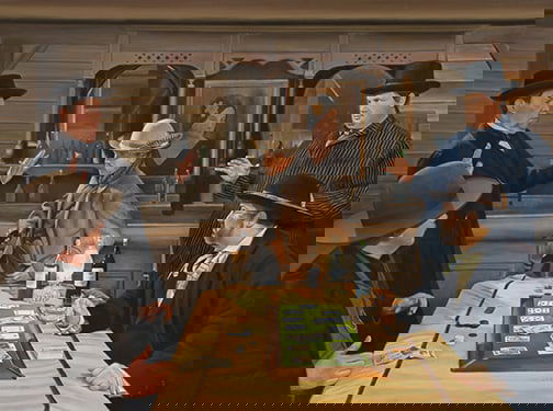 Lee Alban - "The Faro Game Gets Out of Control": oil on panel Click on Auction Details for buyer's premium info and other terms and conditions.