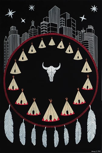 Nancy Josephine Clark - "Reunion #1: Present, Past, Future": acrylic, gouache, markers Click on Auction Details for buyer's premium info and other terms and conditions.