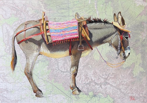 Lisa Gleim - "Burro of Labor": pastel on map Click on Auction Details for buyer's premium info and other terms and conditions.