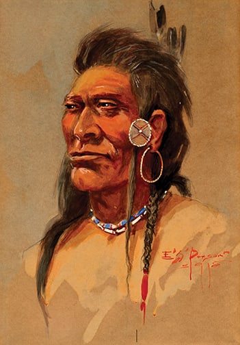 Edgar Samuel Paxson (1852-1919) - "Crow Indian": watercolor Signature: lower right Provenance: Private Collection, MT Click on Auction Details for buyer's premium info and other terms and conditions.