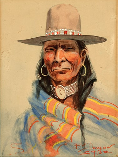 Edgar Samuel Paxson (1852-1919) - "Indian Man with Hat": 1913, watercolor Signature: lower right Provenance: Private Collection, MT Click on Auction Details for buyer's premium info and other terms and conditions.