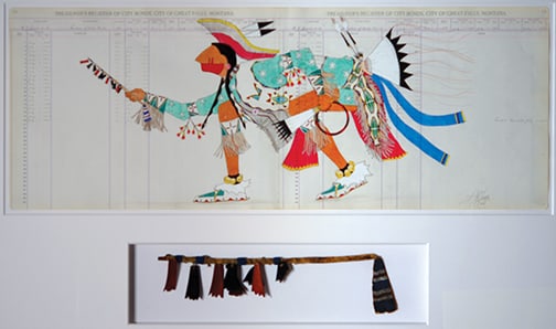 Dwayne Wilcox - "Star Shirt": ink, color pencil (Lakota dance rattle, 1870s) on ledger Click on Auction Details for buyer's premium info and other terms and conditions.