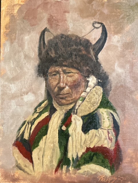 John R. Phelps - "Lakota Horn Bonnet": Member of the Russell Skull Society of Artists br>oil Click on Auction Details for buyer's premium info and other terms and conditions.