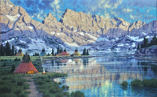 Randy Van Beek - "Shoshone Hunters in the Wind River Range": Member of the Russell Skull Society of Artists br>oil Click on Auction Details for buyer's premium info and other terms and conditions.