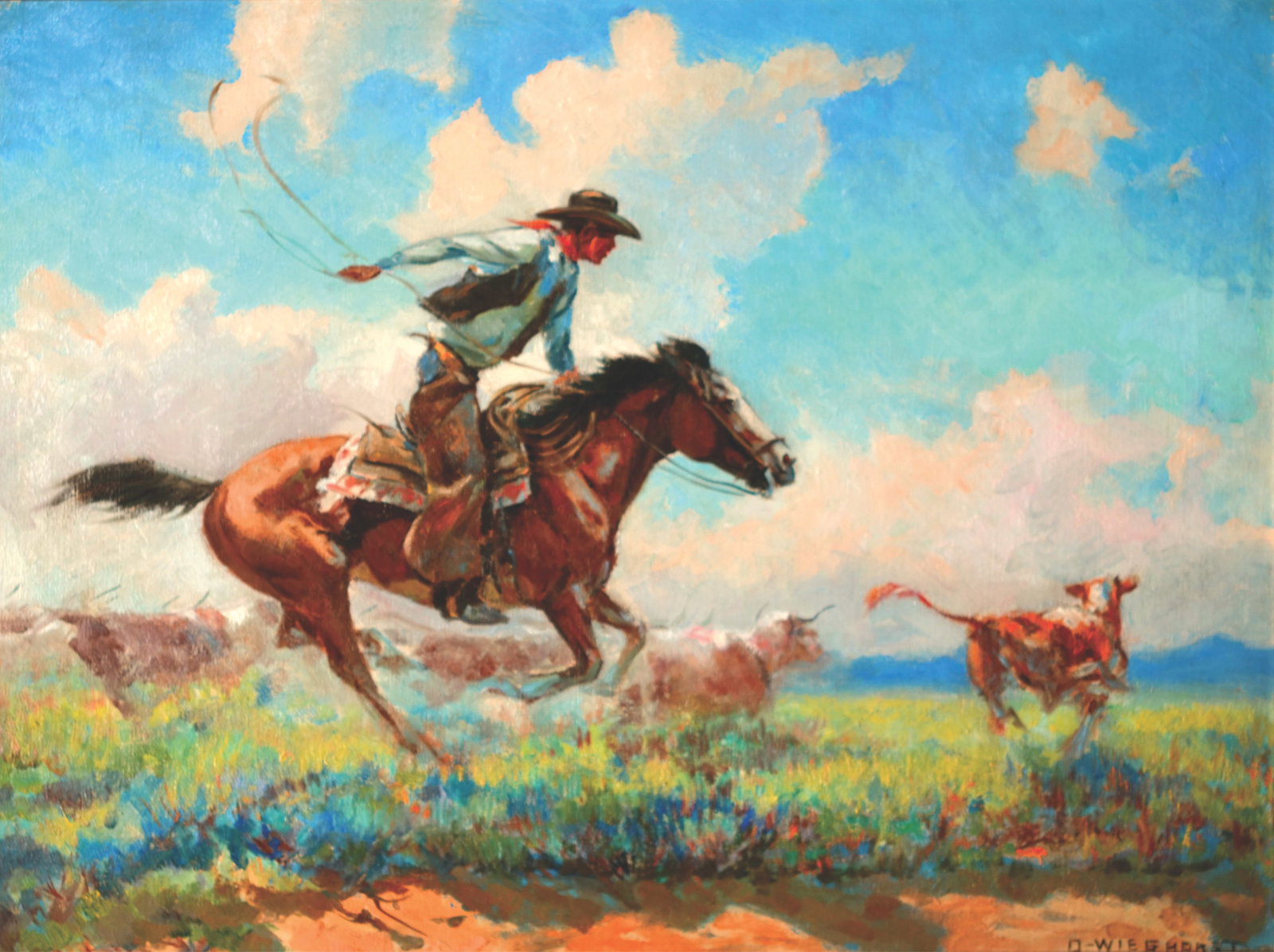 Olaf Carl Wieghorst (1899-1988) - "Back in the Herd": oil on linen Signature: lower right Provenance: Private Collection, MN Click on Auction Details for buyer's premium info and other terms and conditions.