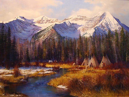 Paul Dykman - "Flathead Encampment": oil on canvas Click on Auction Details for buyer's premium info and other terms and conditions.
