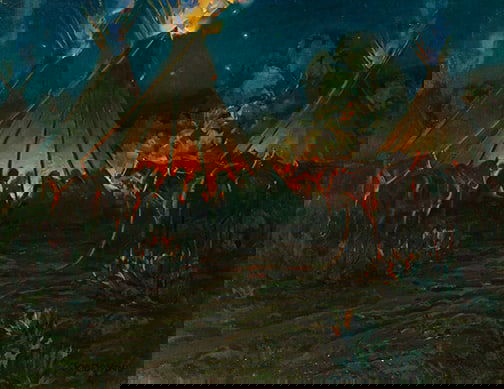 Joe De Yong (1894-1975) - "Night Camp": oil Signature: lower right Provenance: Private Collection, MT Click on Auction Details for buyer's premium info and other terms and conditions.