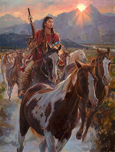 Jeremy Winborg - "Pitamakan - Dawn of a Horse Thief": oil Click on Auction Details for buyer's premium info and other terms and conditions.