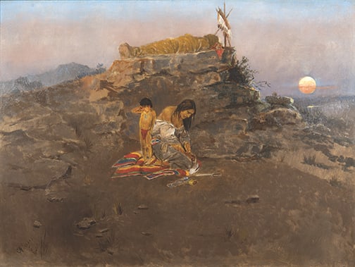 Charles M. Russell (1864-1926) - "Her Heart is on the Ground, c. 1896": 1896, oil on canvas board Signature: lower left, CM Russell w/skull Raisonne: CR.UNL.216 Provenance: Private Collection, CO A copy of Charles M. Russell: The Women in His Life and Art will be