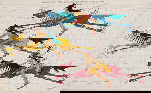 John Isaiah Pepion - "Relay Time": ink, colored pencil Click on Auction Details for buyer's premium info and other terms and conditions.