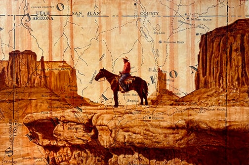 Ray Swirsky - "Cowboy at Monument Valley": oil on canvas Click on Auction Details for buyer's premium info and other terms and conditions.