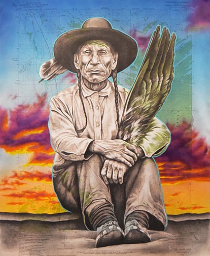 Robert Martinez - "Sitting in Stillness": acrylic, graphite on vintage map Click on Auction Details for buyer's premium info and other terms and conditions.