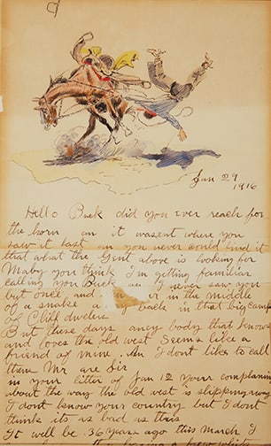 Charles M. Russell (1864-1926) - "Hello Buck": Ink, watercolor on paper in a gilt molded frame with silk mat under glass Signature: signed 'C.M. Russell' (lower right) and dated 'Jan 29 / 1916' (upper right) Raisonne: CR.ILU.144 Provenance:
