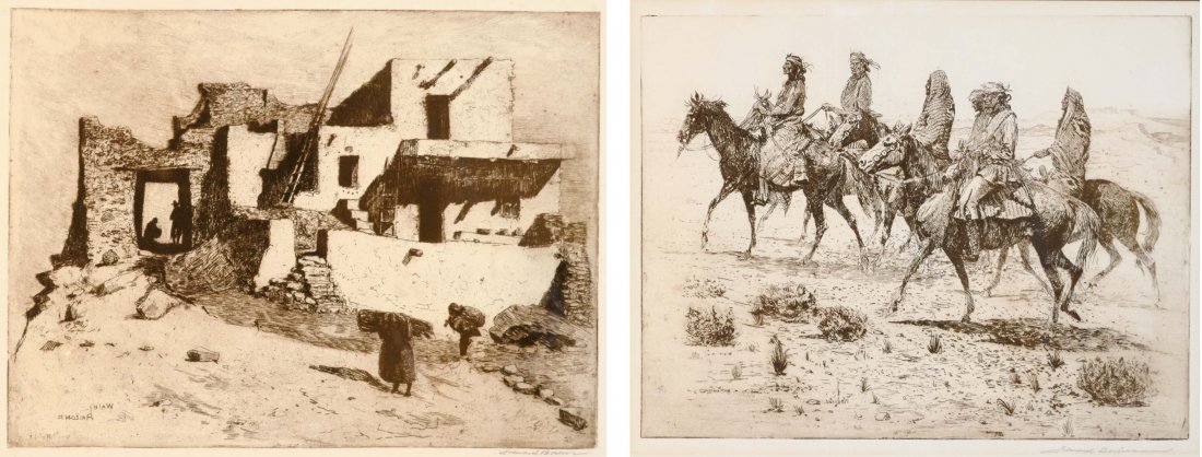 The Last House, Walpi/Navajos (pair): Artist: Edward Borein, Medium: etching and drypoint (Galvin #217 on left, Galvin #183 on right), Size: 8 ¾ x 11 ¾ and 9 ¼ x 12