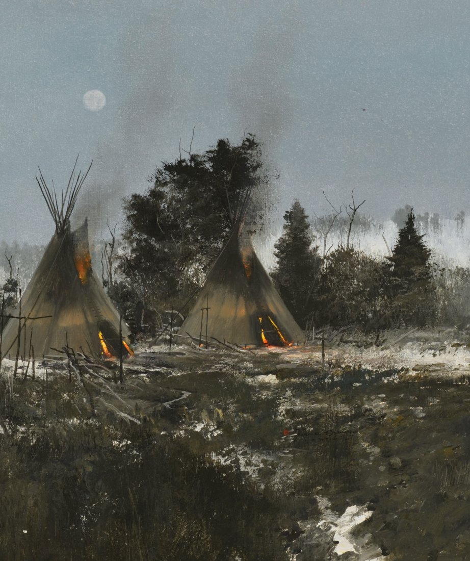 Teepees at Night: Painting by Michael Coleman, oil, 17.5 x 14.675 inches