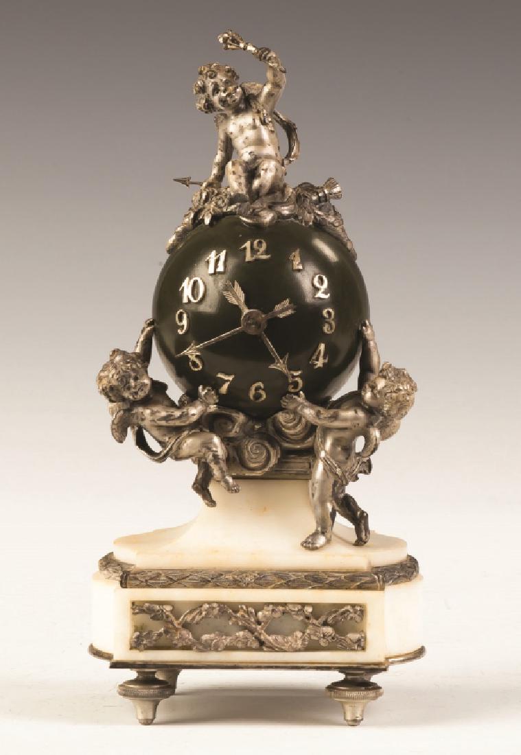 French Miniature Patinaed Metal and Marble Cherub Clock (1 of 2)