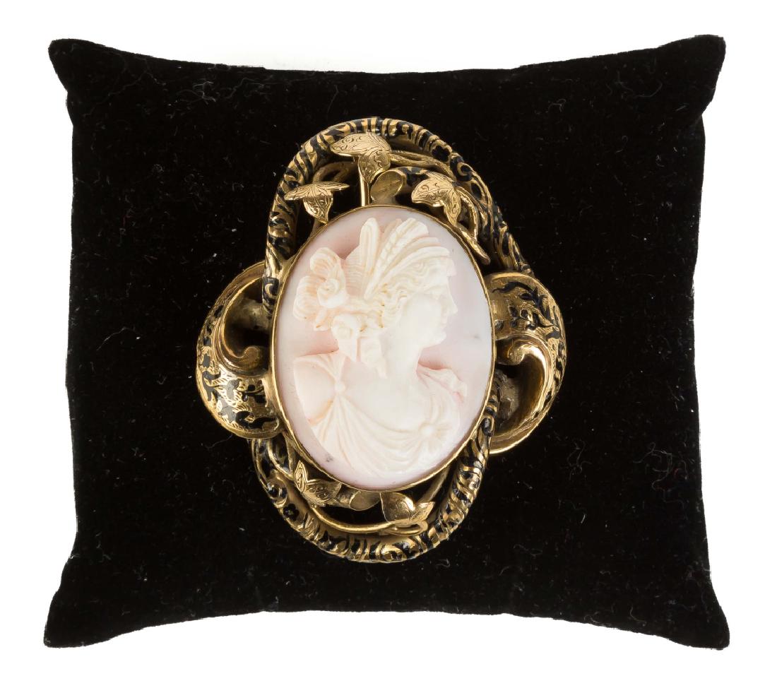 Victorian Coral Cameo Brooch with Gold and Enameled (1 of 2)