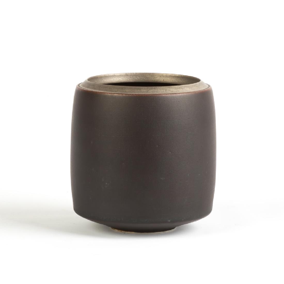 Ursula Scheid (German, born 1932) Black Matte Jar With: Ursula Scheid (German, born 1932) Black Matte Jar With Silver & Gunmetal Glaze. Signed. c. 1987. Ht. 4" Dia. 3 3/4". Babcock. Estate of Annette McGuire Cravens, Buffalo, NY.