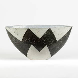 Bente Hansen (Danish, born 1943) Black Zig-Zag Bowl: Bente Hansen (Danish, born 1943) Black Zig-Zag Bowl. C 1986. Signed. Flat end oval bowl with masked decoration. Ht. 9" W 18" D 10". Graham Gallery. Estate of Annette McGuire Cravens, Buffalo, NY.