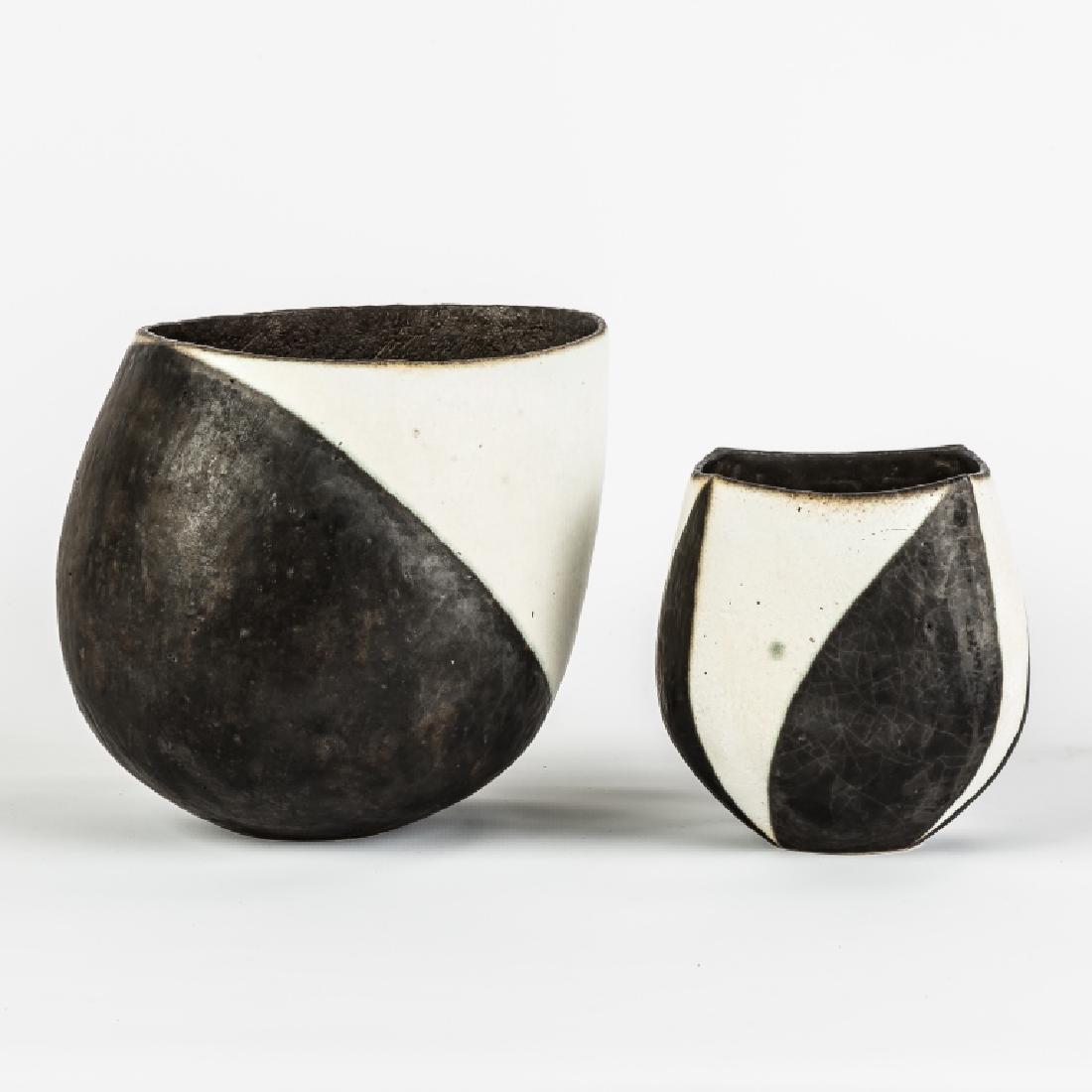 John Ward (English, B. 1938) Two Black and White Vases: John Ward (English, B. 1938) Two Black and White Vases. c. 1986. Both signed JW. Ht. 6 1/2" Dia. 6 1/2" & Ht. 4 3/4" Dia. 4 1/4".. Graham Gallery, #54 & #48. Estate of Annette McGuire Cravens, Buffalo