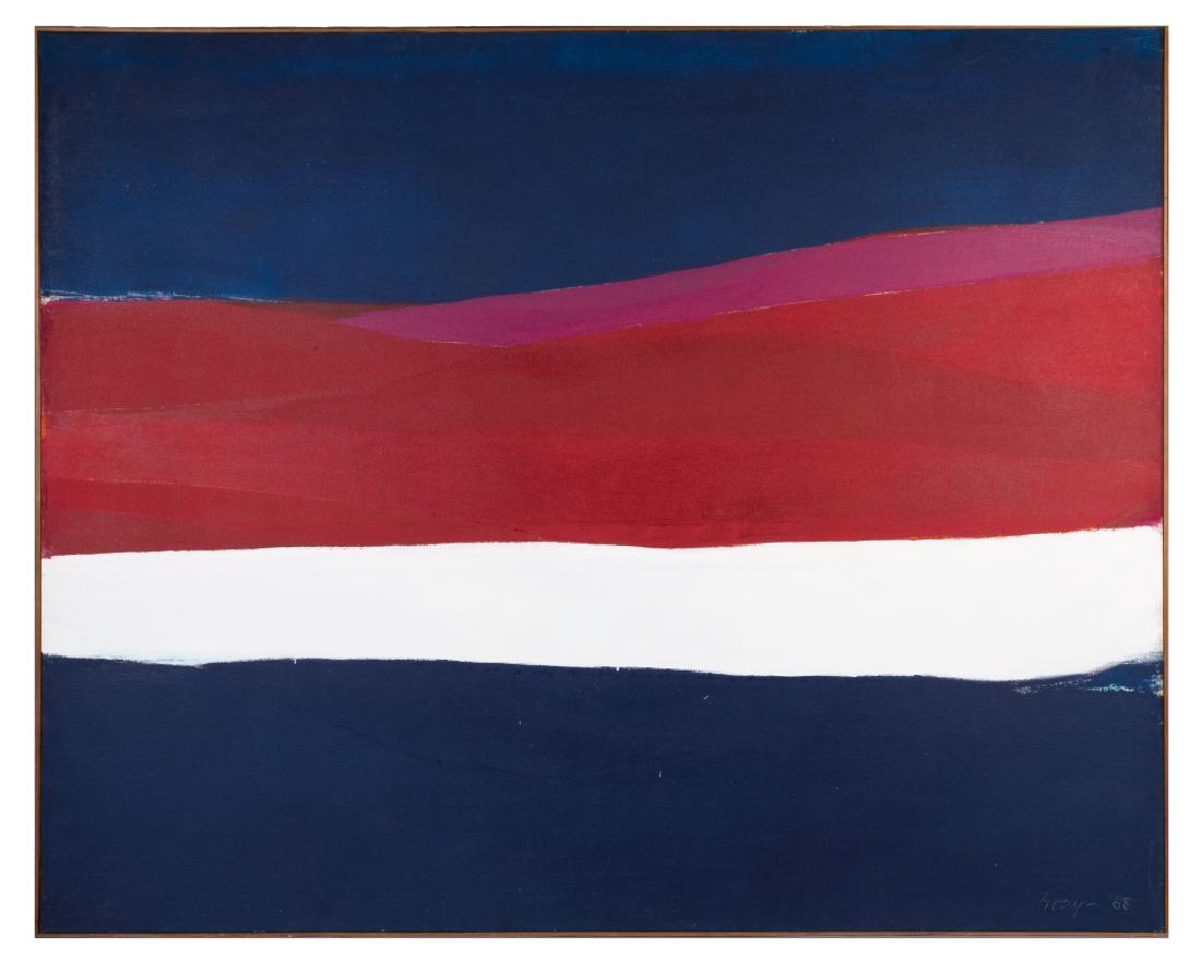 Cleve Gray (American, 1918-2004) "Red and White Across": Cleve Gray (American, 1918-2004) "Red and White Across". Signed lower right, '68. Oil on canvas. The Betty Parsons Gallery,West 57th St. NYC. 66" x 82".