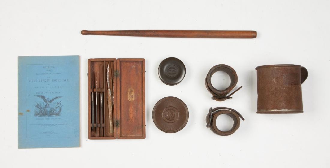 Various CW Items: Various CW Items. Including carbine thimbles, cup and gutta percha folding cup, USN box and Surgeon's scalpel set.