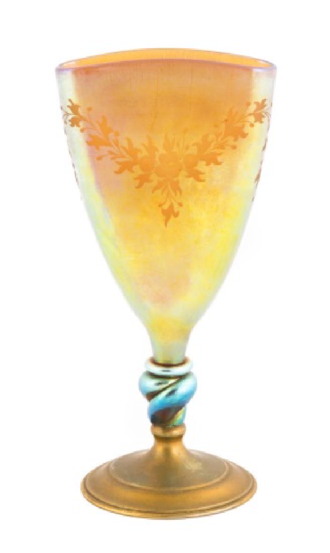 Unusual Steuben Gold Aurene Etched Vase with Bronze (1 of 2)